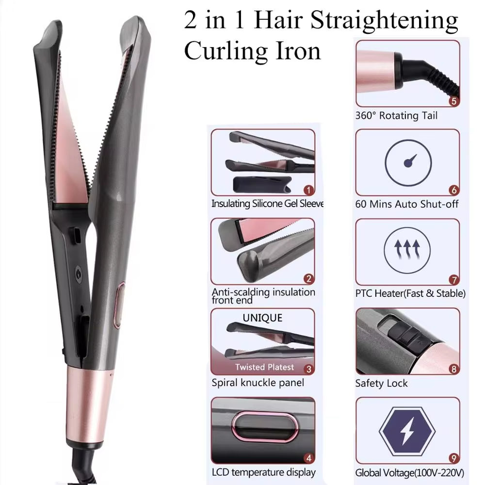 2 in 1 Hair Straightener and Curler Twist Straightening Curling Iron Professional Negative Ion Fast Heating Styling Flat Iron